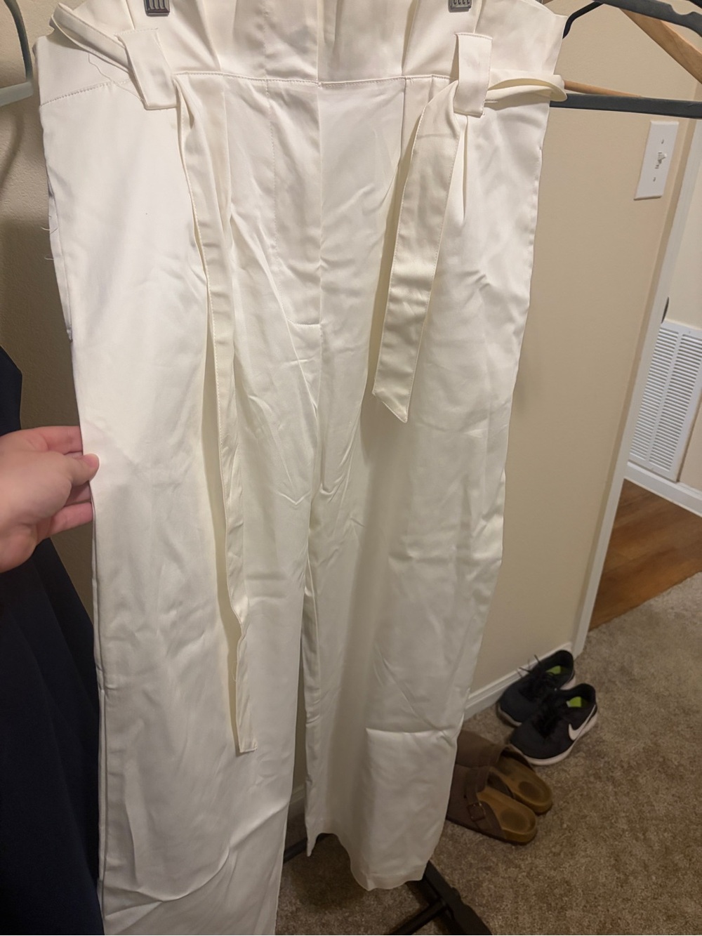 mark. Cream High-Waist Paperbag Wide-Leg Pants with Self-Tie Waist